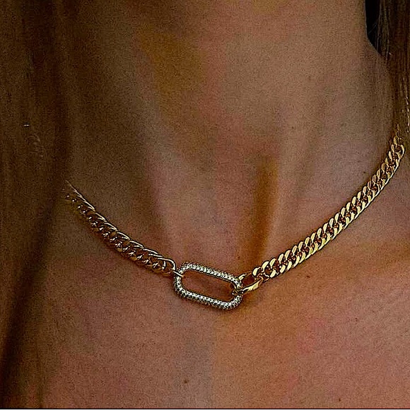 Gold Zircon Rectangular Charm Necklace Chain Link - Picture 11 of 12